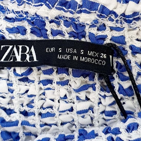 ZARA Blue White Nautical Stripe Shirred Puff Sleeve One Shoulder Crop Top NWT - Picture 7 of 8